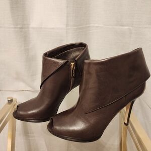 Michael Kors Kendra Dark Brown Leather Peep-Toe Ankle Booties